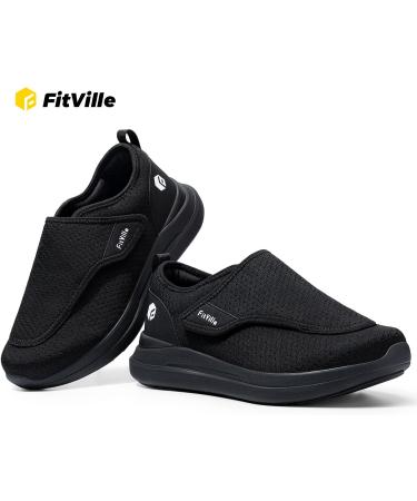 FitVille Diabetic Shoes for Men X Wide Slip on Black Adjustable Walking Shoes for Elderly with Foot Pain Relief Neuropathy Support