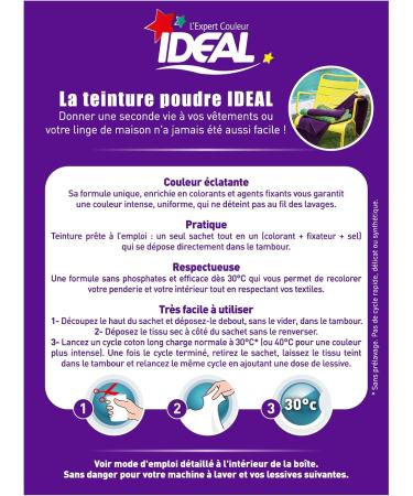 IDEAL - Kit Teinture Tout en Un Mini Violet - 230 g - Colorant + Fixateur + Sel Inclus - Teinture Textile Longue Tenue - Coton Lin Soie Viscose - Efficace d s 30 C - Fabrication Fran aise - Buy Online on GoSupps.com