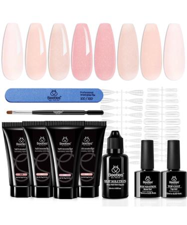 Beetles Poly Extension Gel Nail Kit 4 Colors Nude Pink Neutral Poly Nail Gel With Base Top Coat Trendy Nail Art Design Nail Manicure Enhancement All In One Poly Nail Gel Kit She's Soft Glam