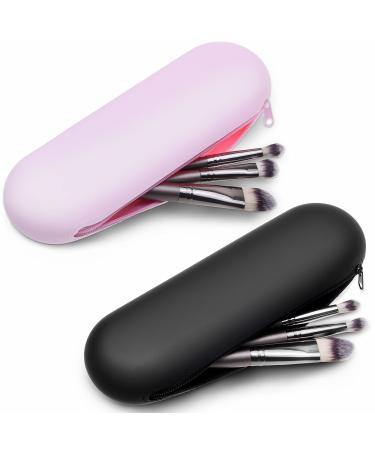 Travel Makeup Brush Holder with Zipper 2 Pack Silicon Trendy and Portable Cosmetic Face Brushes Holder Soft and Sleek Makeup Tools Organizer for Travel (Pink & Black) 2 Pack - Pink & Black