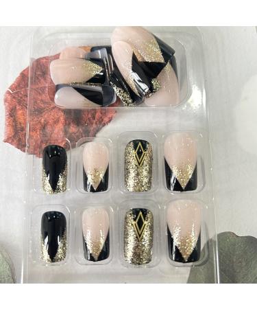 Buy Medium Square Fake Nails - Glossy French Press On Nails with Gold Glitter Design | Full Cover Nude Acrylic Nails for Women - Buy Online on GoSupps.com