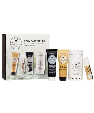 Dionis Goat Milk Vanilla Bean Core Body Care Bundle - Travel Size Scented Lip Balm Sole Keeper Foot Cream for Dry Feet Mini Hydrating Lotion & Full Size Aluminum Free Deodorant Stick Vanilla Bean Body Care Bundle