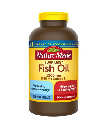 Nature Made Burp-Less Fish Oil 1200 mg, 300 Softgels, Fish Oil Omega 3 Supplement For Heart Health 300 Count (Pack of 1)