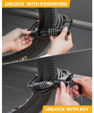 KEYSTP Bike Lock Cable - Combination & Key Password Retrieval - Anti-Theft Coiled Bike Lock with Mounting Bracket - Resettable for Bikes & Scooters - Buy Online on GoSupps.com