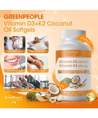 GREENPEOPLE K2 D3 Vitamin Supplement, Vitamin D-3 & K-2 MK-7, 10,000 IU/200 mcg, with Virgin Non-GMO Coconut MCT Oil | 300 Vegan Softgels | Bone Health, Immune Support 300 Count (Pack of 1) - Buy Online on GoSupps.com