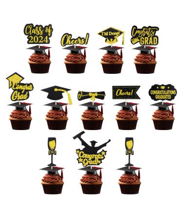 24Pcs 2024 Graduation Cupcake Toppers Graduation Cake Topper Class of 2024 Cake Cake Decorations with Grad Cap Diploma Congrats Grad Sign Black & Gold Graduation Party Supplies Decor A3BYCP