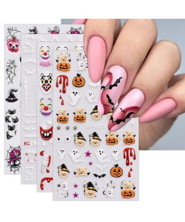 JMEOWIO 3D Embossed Halloween Nail Art Stickers Decals Self-Adhesive 5D Cute Ghost Pumpkin Star Nail Supplies Nail Art Design Decoration Accessories 4 Sheets