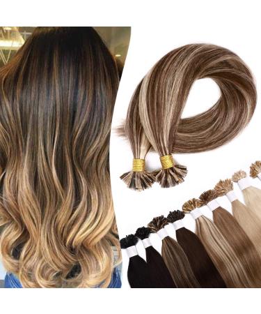 SEGO Extensions Real Hair Bondings Hair Extension Keratin U-Tip Human Hair 200 Strands Medium Brown/Honey Blonde #4p27 22"(56cm)-100g