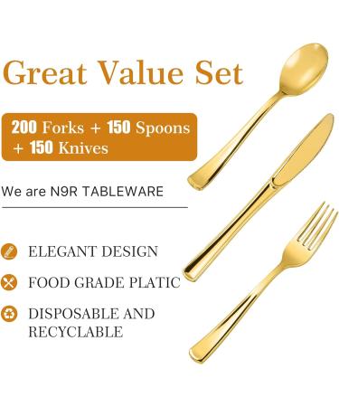 N9R 500PCS Gold Plastic Silverware Set - Disposable Gold Cutlery for Party, Wedding - 200 Forks, 150 Spoons, 150 Knives - Gold Utensils - 500 Pack - Buy Online on GoSupps.com