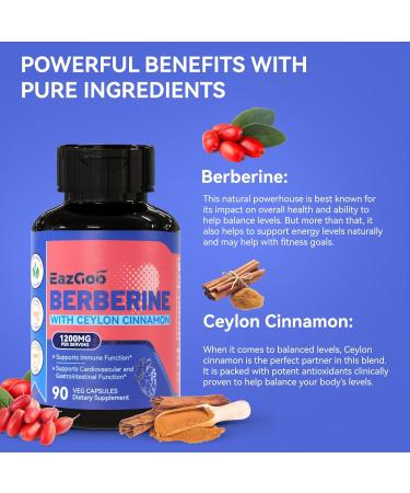 EAZGOO Premium Berberine Supplement 1200mg with Ceylon Cinnamon - 90 Vegan Capsules - Berberine HCL Supplement Gluten Free Immune Support - Buy Online on GoSupps.com