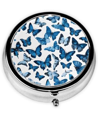 Blue Butterflies Round Pill Box | 3 Compartment Mini Decorative Travel Organizer for Tablets & Vitamins - Buy Online on GoSupps.com