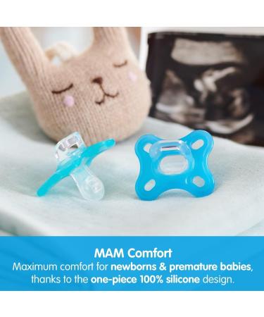MAM Comfort All-Silicone Soothers 0-3 Months (Pack of 2) Soft and Light Newborn Soother Premature and Newborn Essentials with Self Sterilising Travel Case Green /Yellow Blue/Neutral 0 month - Buy Online on GoSupps.com