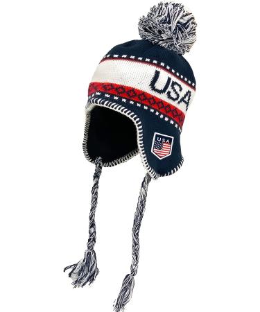 USA Winter Hat Knit Beanie Ski Cap with Pom, Peruvian Style with Ear Flaps and Fleece Lining - Buy Online on GoSupps.com
