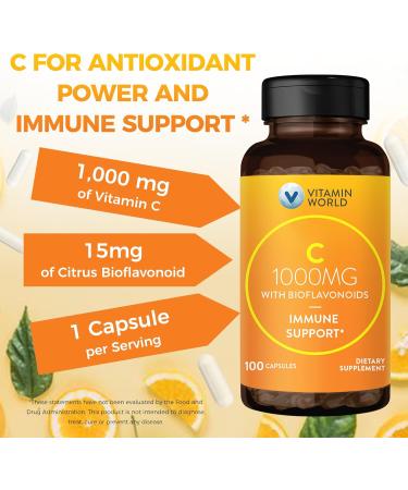 Vitamin World Vitamin C 1000 mg with Bioflavonoids Immune Support Antioxidant Protection Vitamin C Supplement for Collagen Production Bone & Skin Health Gluten Free 100 Capsules - Buy Online on GoSupps.com