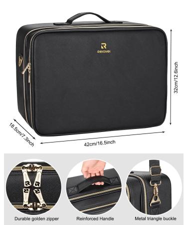 Relavel Extra Large Makeup Bag - Professional Artist Kit Train Case with Shoulder Straps, Dividers, and Waterproof Leather - Black - Buy Online on GoSupps.com