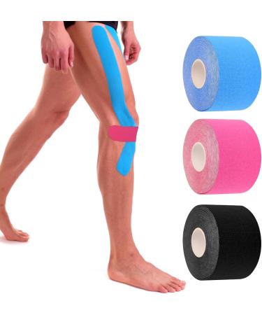 3 Rolls Kinesiology Tape - Waterproof Sports Tape for Muscles Knees Shoulders & Elbows (Blue/Pink/Black 5m x 5cm) - Buy Online on GoSupps.com