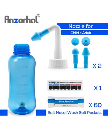 Anzorhal Neti Pot Sinus Rinse Nose Cleaner with 60 Packets Salt and Thermometer Sticker - Adult & Kid Nasal Wash Solution - Buy Online on GoSupps.com