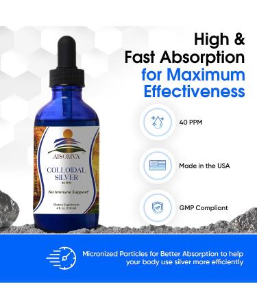 AISOMVA Colloidal Silver Liquid with Dropper Mild Silver Protein 40ppm | High Absorption Pure & Clean Formula | Made in USA GMP Compliant (4 Fl Oz) - Buy Online on GoSupps.com