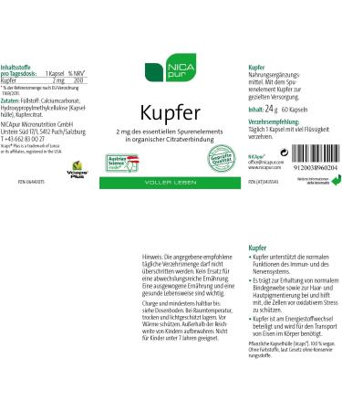 Buy NICApur Copper - Pure Copper Supplement with Trace Element 60 Additive-Free Capsules for Optimal Health | International Shipping Available - Buy Online on GoSupps.com