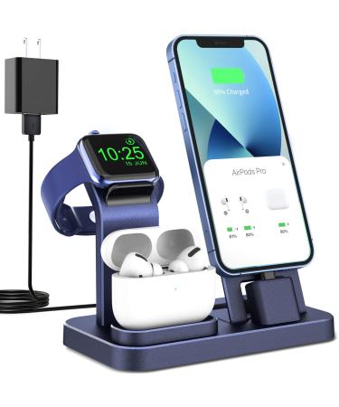 3 in 1 Charging Station for Apple Products, Removable Charging Stand for iPhone Series AirPods Pro/3/2/1, Charging Dock for Apple Watch SE/Ultra/8/7/6/5/4/3/2/1(with 15W Adapter and Cable)(Blue)