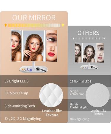 Trifold Makeup Mirror with Lights - 3 Color Modes, 52 LED, 1X 2X 3X Magnification - Touch Control, Dual Power Supply - Portable Vanity Mirror - Buy Online on GoSupps.com