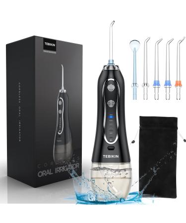 TEBIKIN Cordless Water Flosser Portable Dental Professional Oral Irrigator with Gravity Ball Powerful Travel Water Teeth Cleaner with 5 Levels 5 Tips IPX7 Waterproof 300ML for Home Travel Portable-black