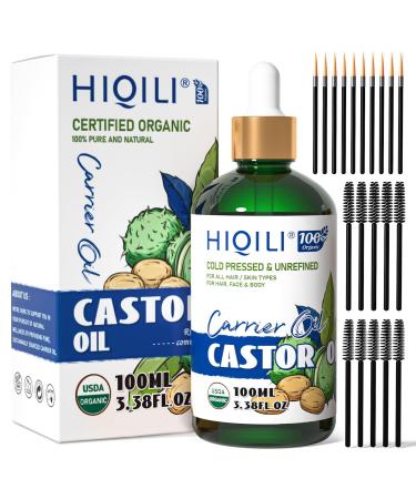 HIQILI Castor Oil Organic Cold Pressed Unrefined Glass Bottle, USDA Certified Organic, Hexane Free - Premium Grade Oil for Face, Hair Growth, Eyelash -3.38 Fl Oz