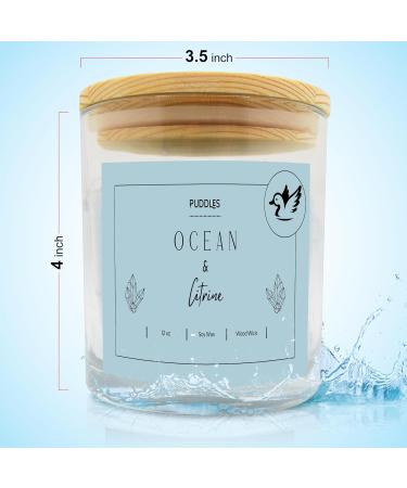 Ocean Scented Soy Candle with Citrine Crystals - Extra Large 12 oz Long-Lasting Wooden Wick for Calming Relaxation | Puddles - Buy Online on GoSupps.com