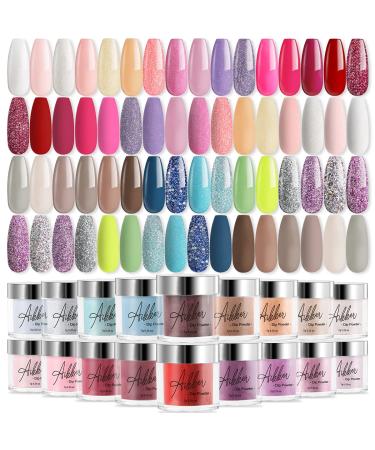 Aikker Dip Powder Nail Colors Set of 32 Colors - Glitter Nude Red Pink Yellow Green 2 in 1 Acrylic Dipping Powder Kit for Nail Beginners and Professionals Salon Manicure AK26
