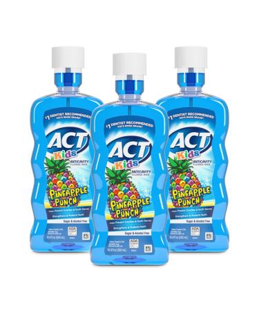 ACT Kids Anticavity Fluoride Mouthwash Sugar & Alcohol Free Mouth Rinse Strengthens Teeth Pineapple Punch 16.9 fl. oz.(Pack of 3)