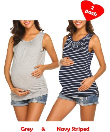 UNibelle Maternity Nursing Tank Top Tee Shirt | Double Layer Sleeveless Pregnancy Top | S-XXL | Gray+Navy Blue Stripes | 2 Pcs - Buy Online on GoSupps.com
