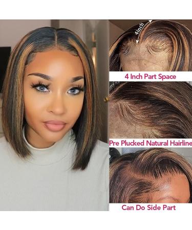 Haha Brown Bob Highlight Wig | Human Hair Ombre Lace Front 4x4 Closure Bob Wig | Short Bob Wig for Women | Black Honey Blonde 12 Inch 180% Density | Glueless Pre Plucked Highlight Brown Bob Wig - Buy Online on GoSupps.com