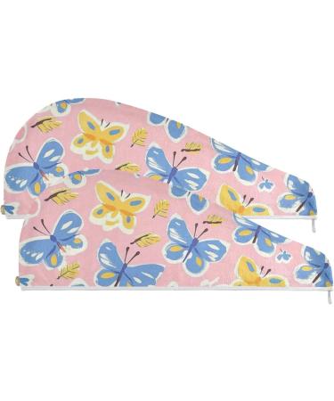 Blue Yellow Butterflies Hair Towel 2 Pack - Super Absorbent Quick Dry Hair Turbans for Women & Girls - Buy Online on GoSupps.com