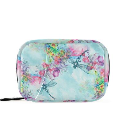 Pfrewn Pill Organizer Case 7 Day Watercolor Dragonfly Flower Floral Travel Pill Box with Zipper Portable Small Weekly Vitamin Medicine Supplement Holder Pouch Bag