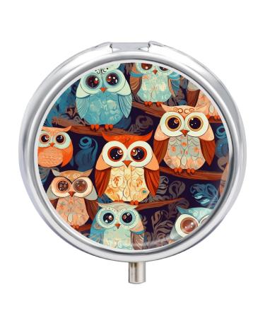 Round Pill Box Anime Owl Print 3 Compartment Medicine Pill Case Print Pill Organizer Decorative Metal Portable Pill Box Pocket Pill Box Style