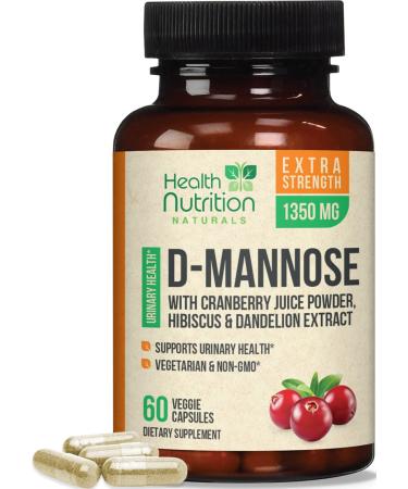 D-Mannose with Cranberry Extract 1350 mg Complex - Fast-Acting Urinary Tract Health Support Natural Non-GMO & Vegan Capsules Flush Impurities Extra Strength DMannose for Women & Men - 60 Capsules 60 Count (Pack of 1)