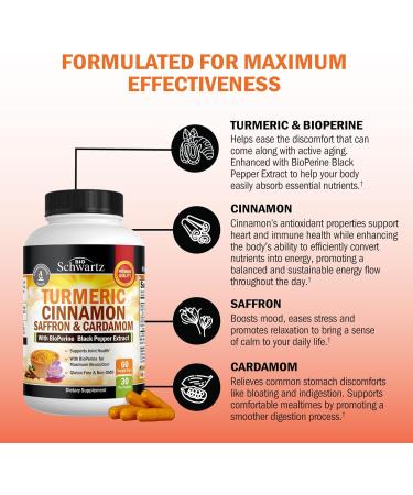 Turmeric Supplement with Saffron Cinnamon and Cardamom Plus BioPerine Black Pepper Extract for Optimal Absorption Natural Tumeric Curcumin Joint Support Supplement for Women and Men 60 Capsules - Buy Online on GoSupps.com
