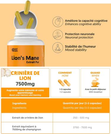 Lions Mane Pure 7500mg (2x1) Ultra-concentrated 50% | Nootropic: Memory Concentration & Brain Health | Long-Term Cognitive Improvement | Emotional Wellness & Gastrointestinal | 140 Caps - Buy Online on GoSupps.com