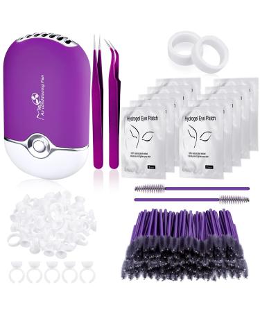 Honoson Eyelash Extension Supplies  USB Air Conditioning Blower  2 Straight and Curved Tweezers 100 Disposable Mascara  50 Glue Ring Holder  2 Tapes  10 Pairs Under Eye Gel Pads (Purple)