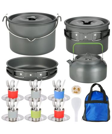 MEETSUN Camping Cookware Mess Kit, 37 PCs Large Size Hanging Pot Pan Kettle with Camping Cooking Set Carry Bag for 6 Person, Cups Dishes Forks Spoons Knives Kit for Outdoor Camping Hiking Picnic