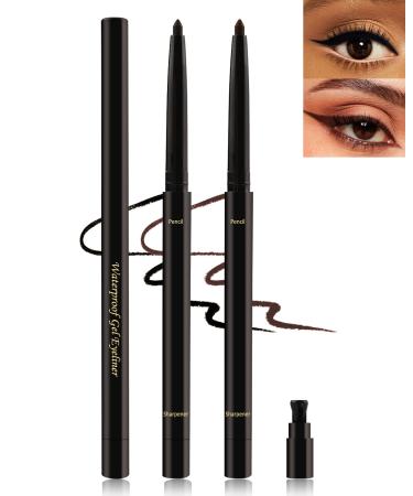 Black+Brown Gel Eyeliner for Older Women Waterproof Smudge-Proof Retractable Eyeliner Pencil Long Wear 24H Matte Smooth Eyeliner Waterline with Sharpener Eye Liner for Mature Women Sensitive Eyes-2Pcs 01# Black+02# Brown