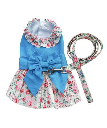 Petyoung Floral Cat Clothes with Leash Small Dog Cat Princess Dress Puppy Skirt Dog Dress Clothes with Leash Blue M