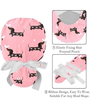 Dachshund Dogs and Hearts Scrub Caps Hats - 2PCS Multicolor | Women Bouffant Working Hat with Ponytail Holder for Long Hair Coverage - Buy Online on GoSupps.com