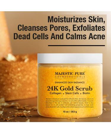Majestic Pure 24K Gold Scrub with Biotin, Collagen, Vitamin E & Stem Cell - Exfoliating Body Scrub and Skin Moisturizer - Natural Pore Cleanser and Exfoliator - 10oz for Men and Women - Buy Online on GoSupps.com