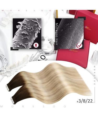 Moresoo Balayage Blonde Tape in Human Hair Extensions - 14 Inch Remy Brown Root Ombre to Dark Golden Blonde - 20 Pcs/50g #3/8/22 - Buy Online on GoSupps.com