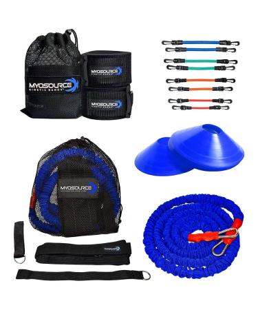 Acceleration Speed & Agility Training Kit - Leg Resistance Bands Bungee Cord 8 Quick Feet Training Cones - Football Soccer Basketball Baseball Softball Agility Training Equipment Waist Size: Medium (32-39 inches) - Blue Green Orange Red Bands