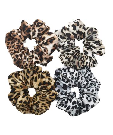 Otyou 4 Pack Bright Leopard Print Hair Scrunchies Soft Fabric Scrunchy Bobbles Elastic Hair Bands Ties Hair Accessories Wrist Band Cosplay Show for Women Girls Pony Tails and Buns