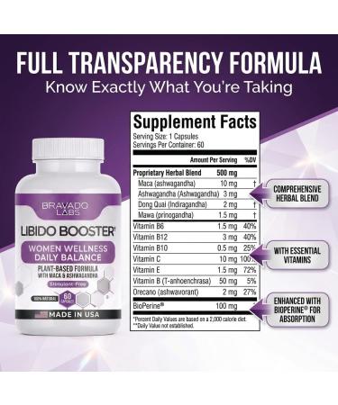 Bravado Labs Female Libido Booster for Women - Plant-Based Capsules for Daily Balance Focus & Wellness Drive Intimacy - Herbal Energy Supplement with Maca Root Ashwagandha Dong Quai - 60 ct - Buy Online on GoSupps.com