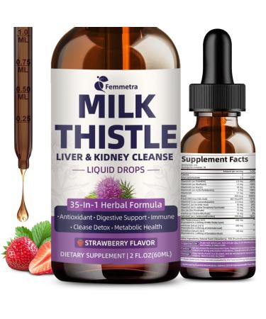 Milk Thistle Extract Liquid Drops for Liver Cleanse Detox & Repair 35-IN-1 Kidney Support Supplement with Artichoke & Dandelion for Urinary Tract Bladder Vegan Non-GMO Strawberry Flavor 2 FL OZ