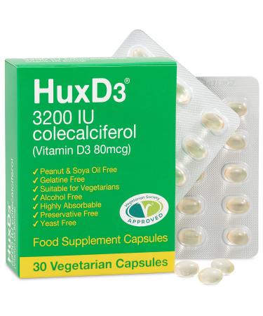 Hux D3 Vitamin 3200iu Huxley Europe Vegetarian Capsules Suitable for Kosher and Halal Diets 30 Count (Pack of 1)